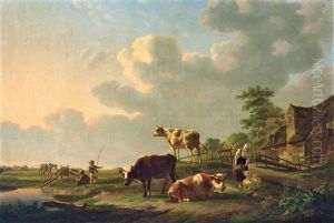Weideidylle Mit Kuhen, Pferd Und Kleinen Anglern Weideidylle Mit Kuhen, Pferd Und Kleinen Anglern