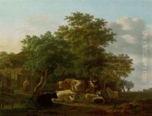 Kuhe, Schafe Und Ziegen Vor Bauerngehoft by Gillis Smak Gregoor