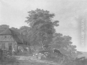 A Wooded Landscape With A Horseman Taking Refreshment At A Farmhouse, Sheep And Cattle By A Pond In The Foreground by Gillis Smak Gregoor