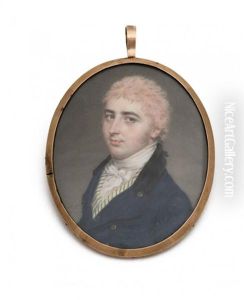 A Georgian Miniature Of A Gentleman In White Bow And Cravat And A Blue Coat With Striped Yellow Waistcoat