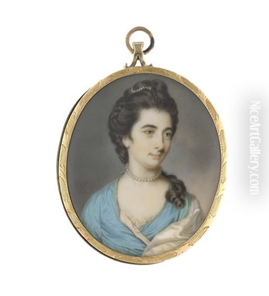 Portrait Miniature Of A Lady, Traditionally Believed To Be Lady Dorchester, Wearing A Blue Dress Over A White Chemise, A White Satin Shawl, A Pearl Choker At Her Neck, Her Brown Hair Worn Upswept, Plaited, Curled And Adorned With A String Of Pearls - view 1