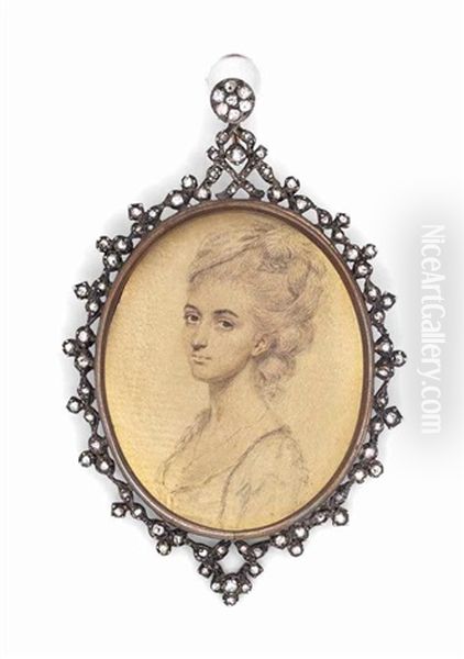 A Preparatory Sketch Of Mrs Drake Of Bedford Square, In Decollete Pale Blue Dress, Wearing A Chain With A Pendant, Her Upswept Curled Hair Dressed With A White Plume And Cap - view 1