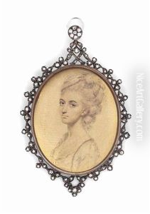 A Preparatory Sketch Of Mrs Drake Of Bedford Square, In Decollete Pale Blue Dress, Wearing A Chain With A Pendant, Her Upswept Curled Hair Dressed With A White Plume And Cap by John Smart IV