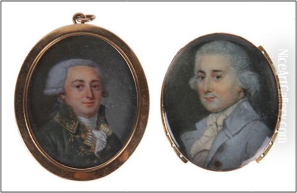 Miniature Ovale Peinte Sur Ivoire D'un Portrait D'un Homme Noble Vetu D'un Manteau Bleu Clair, D'une Cravate Blanche Et Chemise - view 1