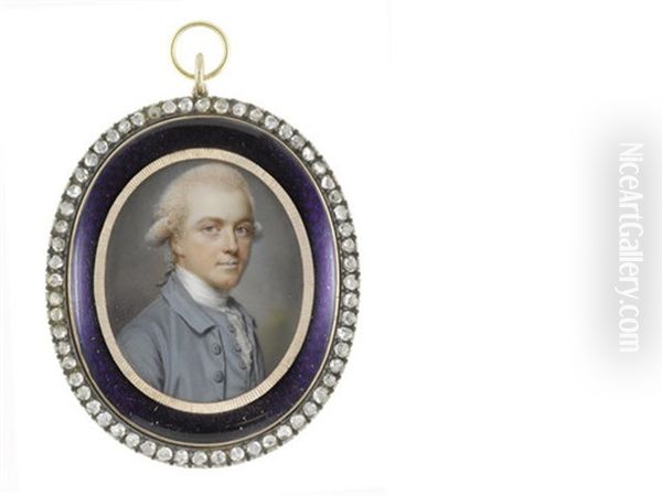 A Gentleman, Wearing Blue Coat And Matching Waistcoat, White Chemise, Stock And Lace Cravat, His Powdered Wig Worn En Queue And Tied With Black Ribbon - view 1