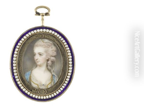 The Hon. Mrs Baldwin, Wearing White Dress Edged With Gold, Sapphire And Pearl Brooch At Her Corsage, Her Fur-trimmed Turquoise Cloak Draped Over Her Shoulders - view 1