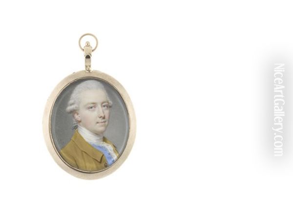 A Gentleman, Wearing Tan Coat, Blue Waistcoat Edged With Silver, White Chemise, Stock And Lace Cravat, His Powdered Wig Worn En Queue - view 1