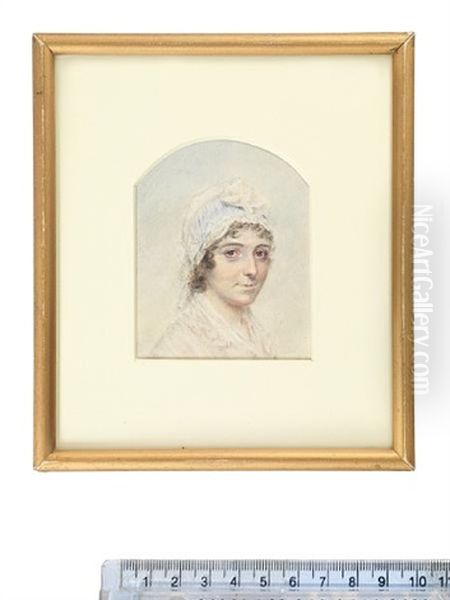 A Lady, Wearing White Dress, Fichu, Shawl And Bonnet With Blue And White Striped Ribbon - view 1