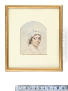 A Lady, Wearing White Dress, Fichu, Shawl And Bonnet With Blue And White Striped Ribbon