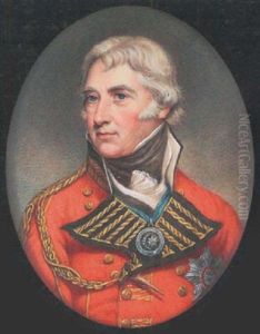 General Sir John Doyle Wearing Scarlet Coat With Gold Aiguilette, Breast Star Of The Gcb And Order Of The Crescent On A Blue Ribbon, Black Stock And White Cravat