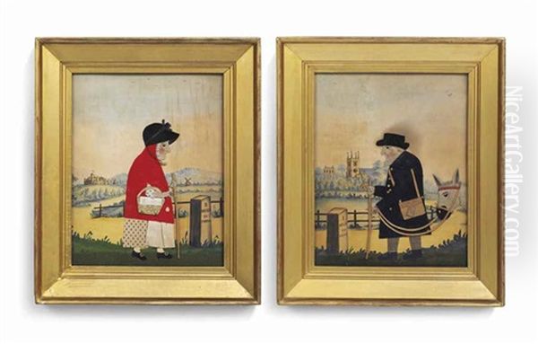 Old Bright The Postman' Leading A Donkey With Frant Church In The Distance, On A Painted Background; 'the Goose Woman' Before A Milestone With A Castle And Windmill In The Distance, On A Painted Background (pair) - view 1