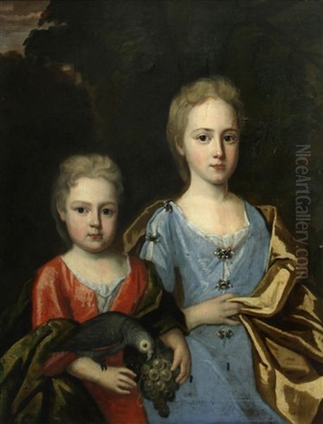 A Portrait Of Two Children, The Younger Child Holding A Parrot And A Bunch Of Grapes - view 1