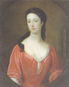 Portrait Of A Lady Wearing A Red Dress, In A Painted Cartouche by John Smibert