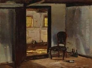 Interior From An Abandoned Farm House With Empty Bottles And A Chair
