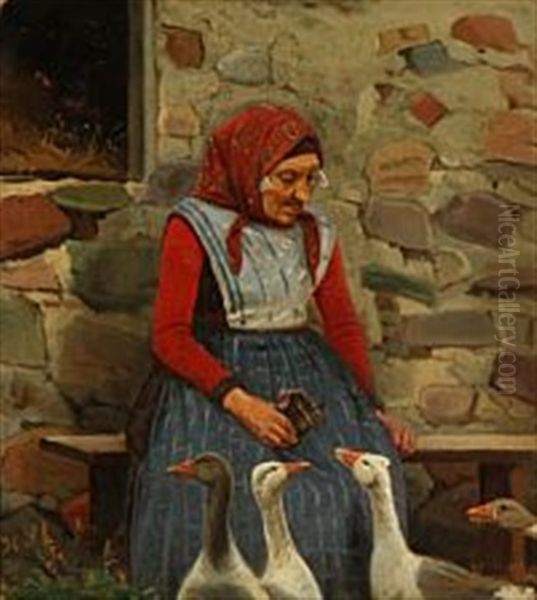 An Old Woman Feeding Geese - view 1