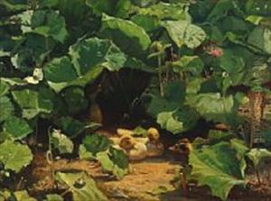 Ducklings In The Sunlight Between Dock Leaves by Hans Ludvig Smidth