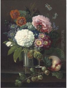 Roses, Marigolds, Daisies, Primroses And Other Summer Blooms In A Glass By A Peach And A Sprig Of Gooseberries