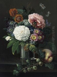 Ein Blumenstuck Mit Pfirsich Und Stachelbeeren