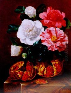Still Life Of Flowers And A Pomegranate On A Marble Ledge by Johan Carl Smirsch
