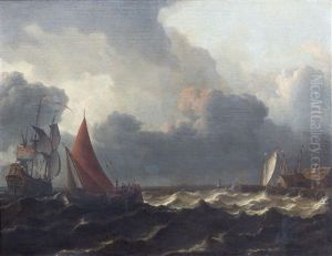 A Smalship Closed Hauled In A Stiff Breeze With A Flagship Offshore To The Left And A Jetty To The Right