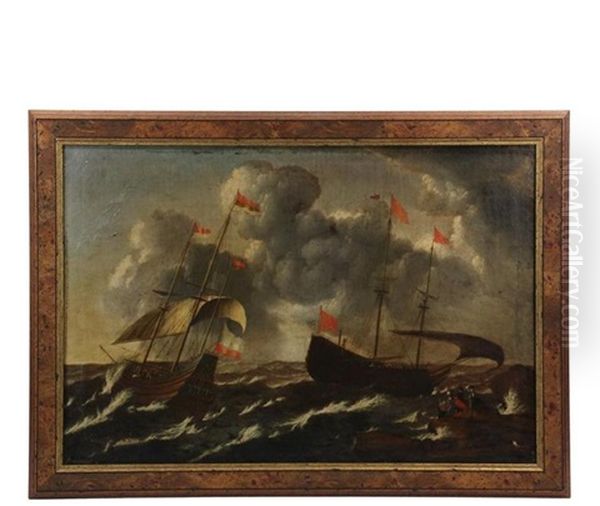 Two Ships In Distress In Coastal Storm, Three Figures On Shore - view 1