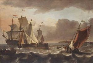 A Barge Under Sail Tacking With A Merchantman And A Pink Lowering Sails In A Stiff Breeze, A Three-master Beyond, A Town On The Shore In The Distance by Aernout Smit