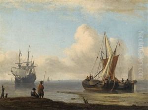 Kustenlandschaft Mit Segelschiff Und Booten