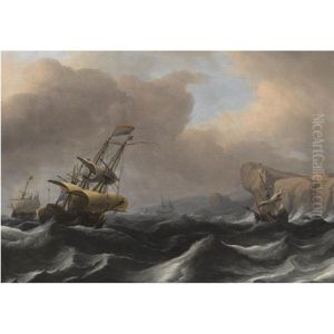 A Dutch Frigate And Other Shipping In Stormy Seas Along A Rocky Coastline by Aernout Smit