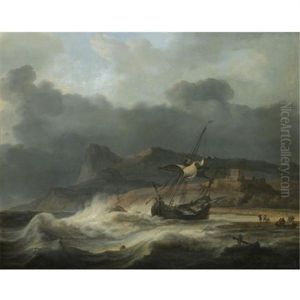A Mountainous Coastal Landscape With A Ship Beached In A Storm, Figures Gathering Cargo To The Right