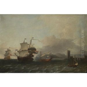 Dutch And English Shipping Off A Mediterranean Coast, With A Man-o-war Firing A Salute To A State Barge