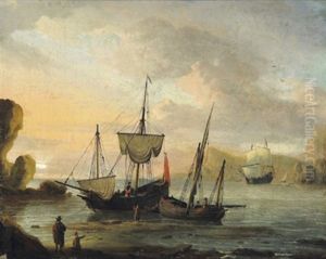 Zwei Frachtboote Und Ein Dreimaster Vor Einer Felsigen Kuste Mit Figuren by Aernout Smit