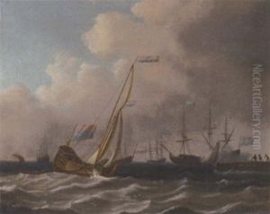 A Dutch Admiralty Yacht Runnign Into Port With A Warship Saluting Off A Bay