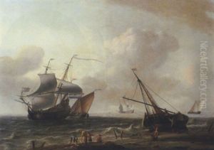 Sailing Ships Off The Coast With A Two Master Making Way, Fishermen On The Beach In The Foreground by Aernout Smit