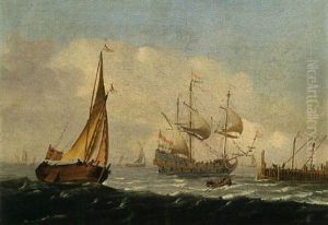 A Merchantman, A Wijdschip And A Bowing Boat In A Breeze Near A Quay