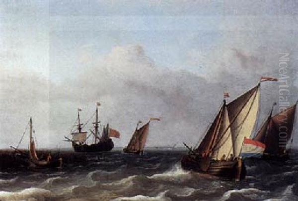 Dutch Smalschips In Choppy Water, With A Large Flute In The Distance And A Sailing Vessel Moored At A Jetty To The Left - view 1