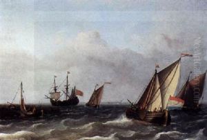 Dutch Smalschips In Choppy Water, With A Large Flute In The Distance And A Sailing Vessel Moored At A Jetty To The Left by Aernout Smit
