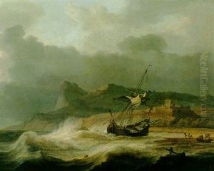 A Mountainous Coastal Landscape With A Merchant Ship Grounded In A Storm, Figures Gathered On The Shore, A Castle Beyond A Mountainous Coastal Landscape With A Merchant Ship Grounded In A Storm, Figures Gathered On The Shore, A Castle Beyond