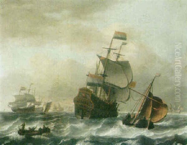 A Dutch Man-o-war, A Sailing Barge And Figures In A Small Boat In A Choppy Sea - view 1