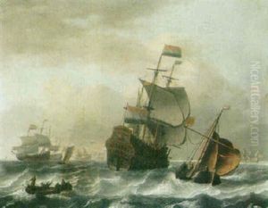 A Dutch Man-o-war, A Sailing Barge And Figures In A Small Boat In A Choppy Sea