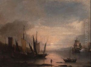 A Mediterranean Harbour At Sunset With A Man-o-war Firing A Salute