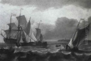An Aak Tacking In A Stiff Breeze, With A Wijdschip And Pink Lowering Sails by Aernout Smit