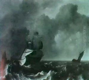 A Wijdschip Going About As It Approaches A Three-master In  Stormy Weather, Other Shippingnearby. by Aernout Smit