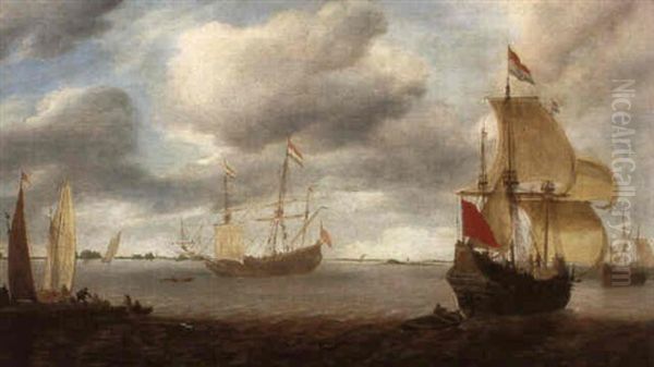 Dutch Shipping In An Estuary With Figures On A Jetty - view 1