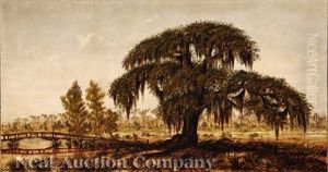 Louisiana Landscape With Live Oak And Men Crossing A Footbridge