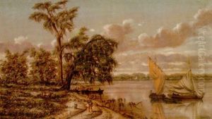 Louisiana Shorescape With Boats, Figures And Cattle