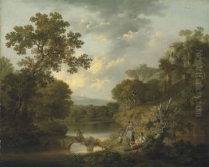 A Wooded River Landscape With An Angler On A Bridge And Figures Resting On The Bank, Ruins On The Hills Beyond by George Smith of Chichester