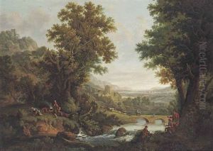 An Extensive River Landscape With Artists Sketching In The Foreground, Drovers And Their Herd By A Bridge, A Settlement Beyond