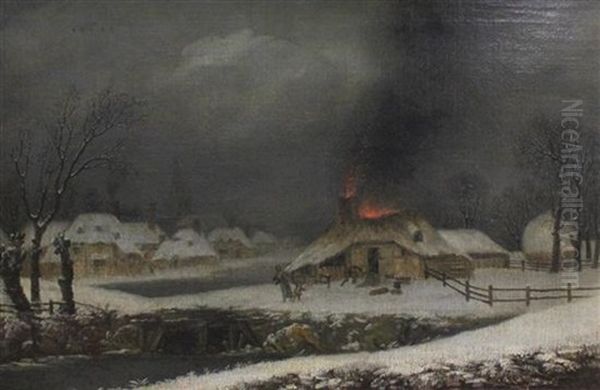 Winter Landscape With Cottage On Fire - view 1
