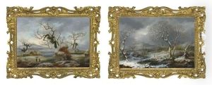 A Winter Landscape With A Haystack, Cottages And Figures, A River Beyond (+ A Winter Landscape With Two Figures Crossing A Wooden Bridge...; 2 Works) by George Smith of Chichester