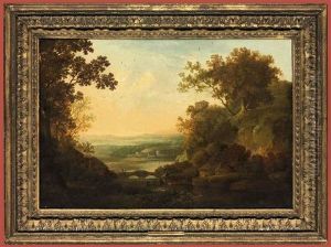 A Capriccio River Landscape With Figures Fishing, The Temple Of Vesta On A Hill Beyond